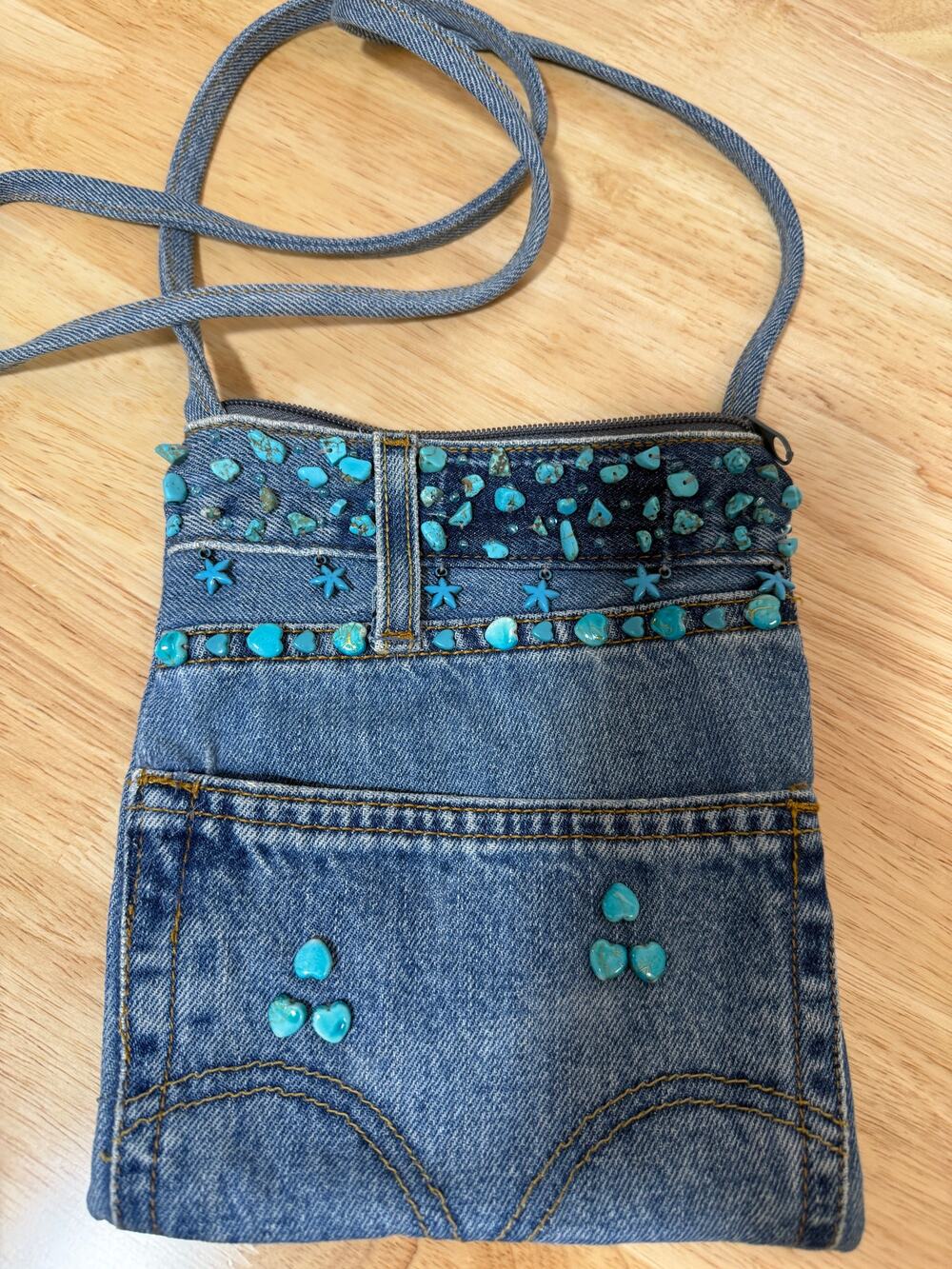 Y2K Denim Crossbody Bag Turquoise Stone Beaded Jeans Purse Boho Western